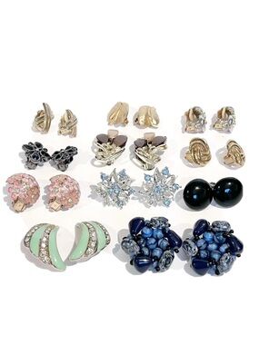 Vintage Clip On Earring Lot of 11 Pairs Rhinestone Gold Silver Blue Pink Black